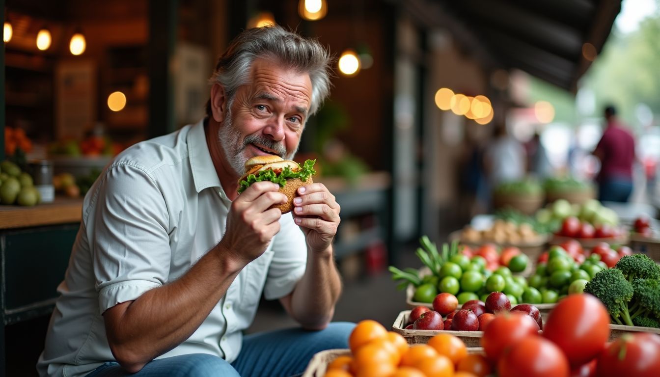 A man enjoys a fresh sandwich at a bustling local market. A man enjoys a fresh sandwich at a bustling local market.