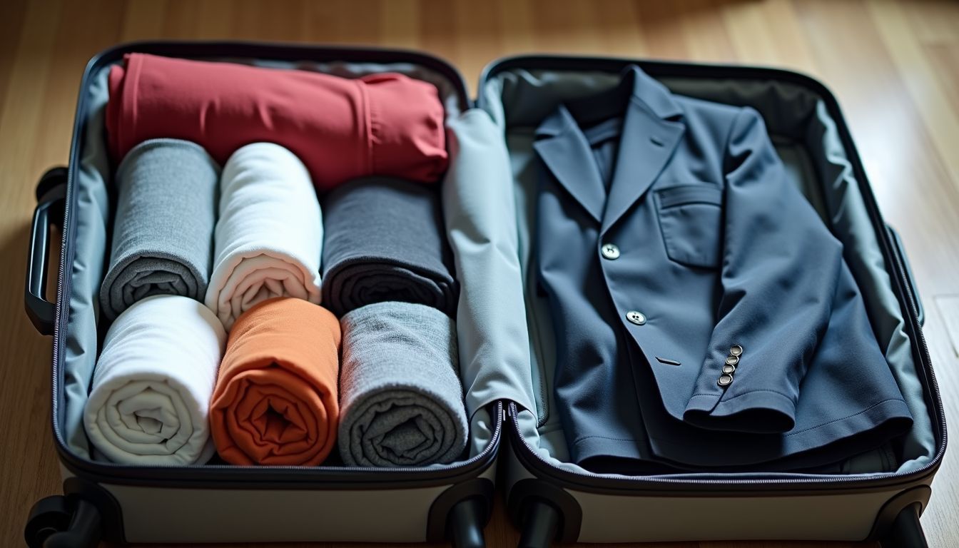 Efficient packing with rolled clothes and compact suitcase. Efficient packing with rolled clothes and compact suitcase.