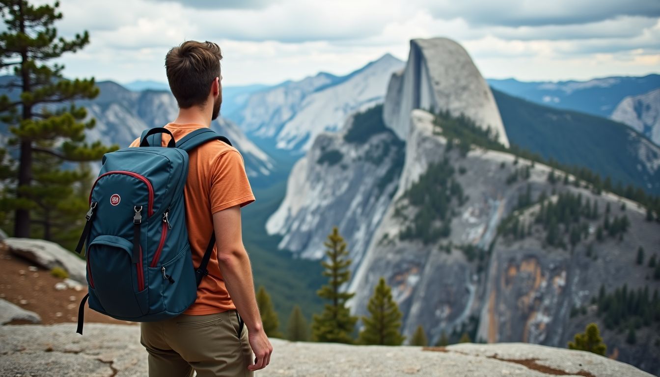 A hiker stands at the summit of Sentinel Dome admiring breathtaking views. A hiker stands at the summit of Sentinel Dome admiring breathtaking views.