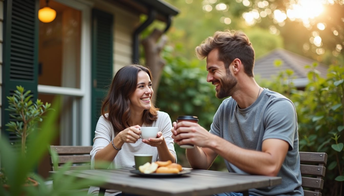 A couple enjoys coffee on a cozy patio in a residential area. A couple enjoys coffee on a cozy patio in a residential area.