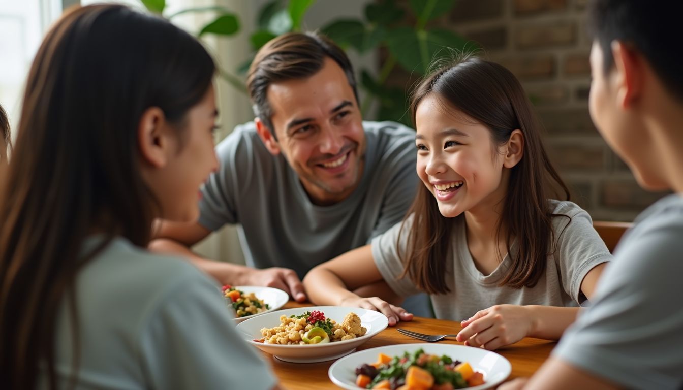 A young girl enjoys a cozy dinner with a host family. A young girl enjoys a cozy dinner with a host family.