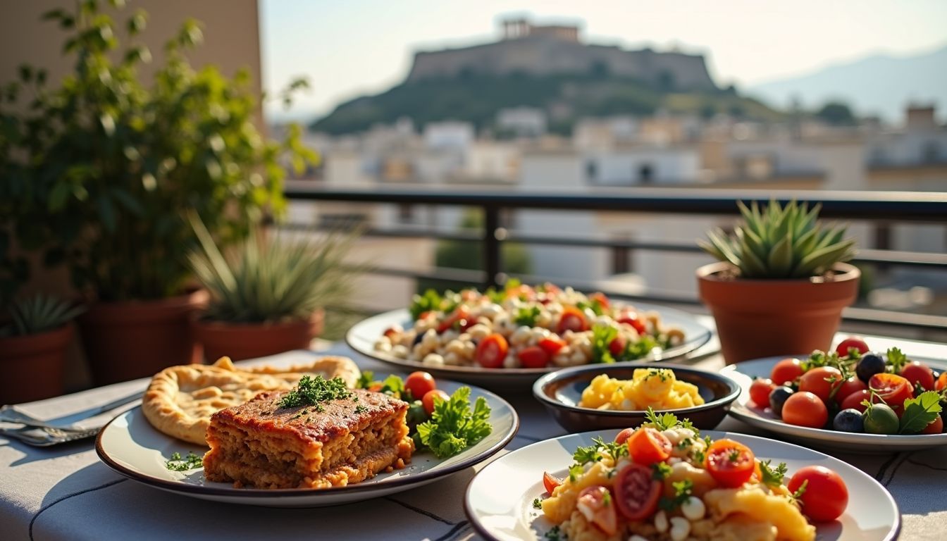 Rooftop kitchen in Athens with traditional Greek dishes and Acropolis view. Rooftop kitchen in Athens with traditional Greek dishes and Acropolis view.